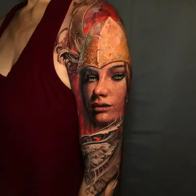 Realistic tattoo of a woman in armor, upper arm placement.