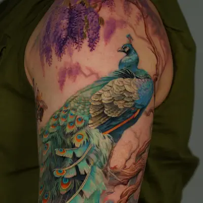 Tattoo of a colorful peacock on upper arm with purple wisteria flowers.