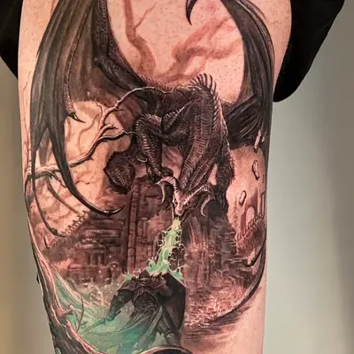 Dragon breathing fire in detailed fantasy tattoo