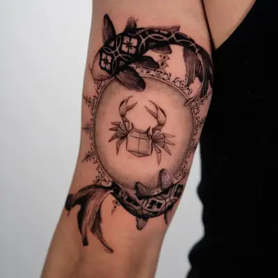Tattoo of koi fish circling a crab on upper arm.