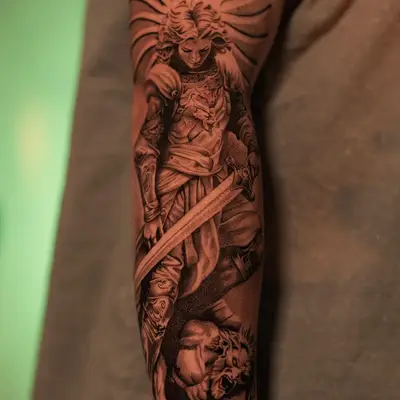 Tattoo of a warrior with a sword and lion, featuring sunburst design.
