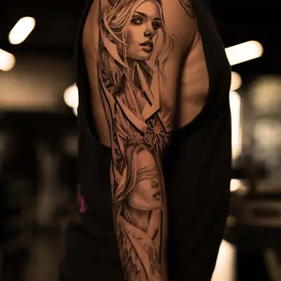 Black and grey sleeve tattoo of a woman with a headdress and blindfolded figure.