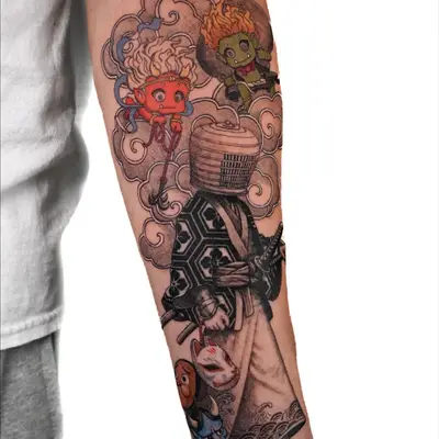 Tattoo of samurai figure with masks and mythical creatures on forearm.