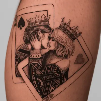 Tattoo of a king and queen kissing inside playing card frames.