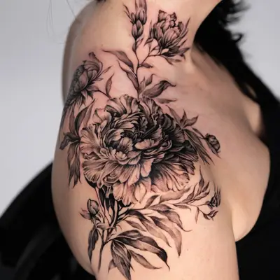 Black and grey floral tattoo on shoulder and neck