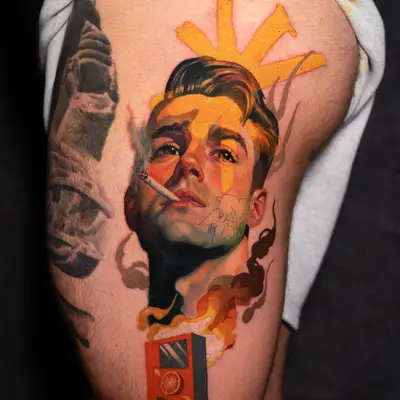 Tattoo of a man smoking with vibrant colors and abstract elements on the leg.