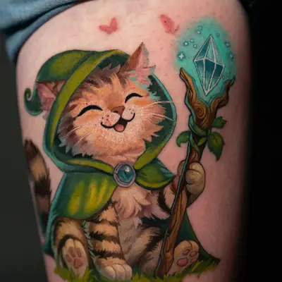 Cute wizard cat tattoo holding a staff, wearing a green cloak and hood.
