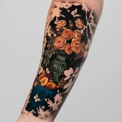 Colorful floral tattoo with vase and butterflies.