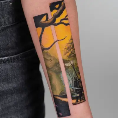 Abstract nature tattoo with a figure walking in a forest path split by vertical lines.