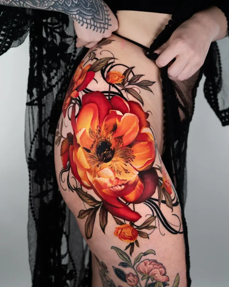 Large floral tattoo on thigh with orange and red flowers.