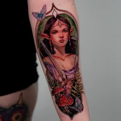 Elf-like female portrait tattoo with mushrooms and butterflies.