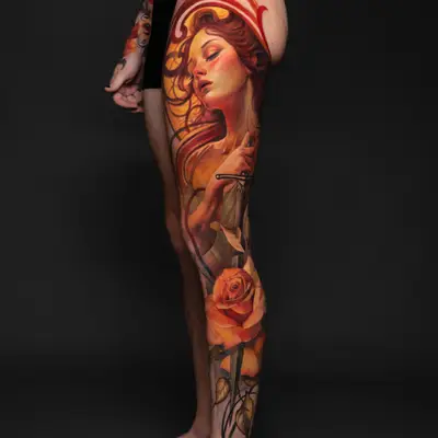 Colorful leg tattoo with a woman's face and orange rose.