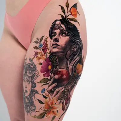 Tattoo on thigh of a woman with floral and Medusa elements.