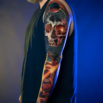 Colorful skull and space-themed sleeve tattoo on arm.