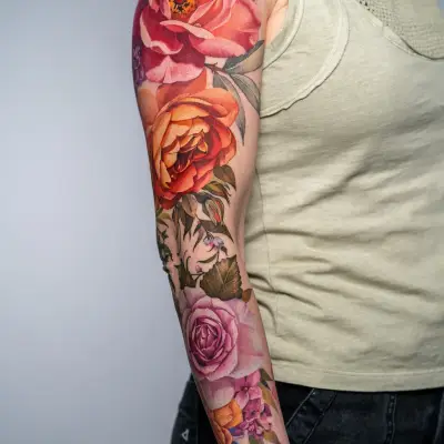 Colorful floral tattoo sleeve on woman's arm