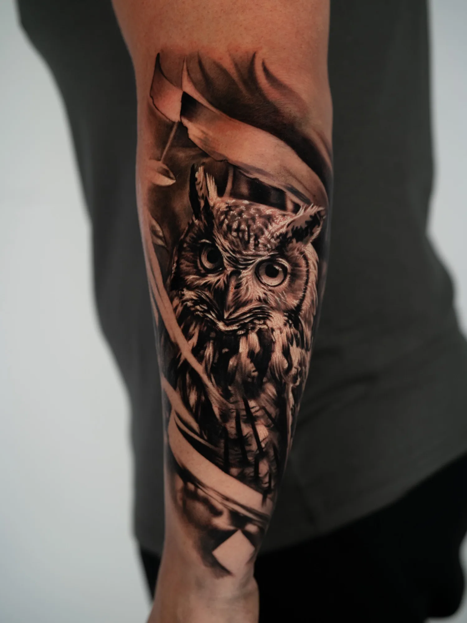 Black and grey realism tattoo of a great horned owl among tall reeds, wrapping a forearm.