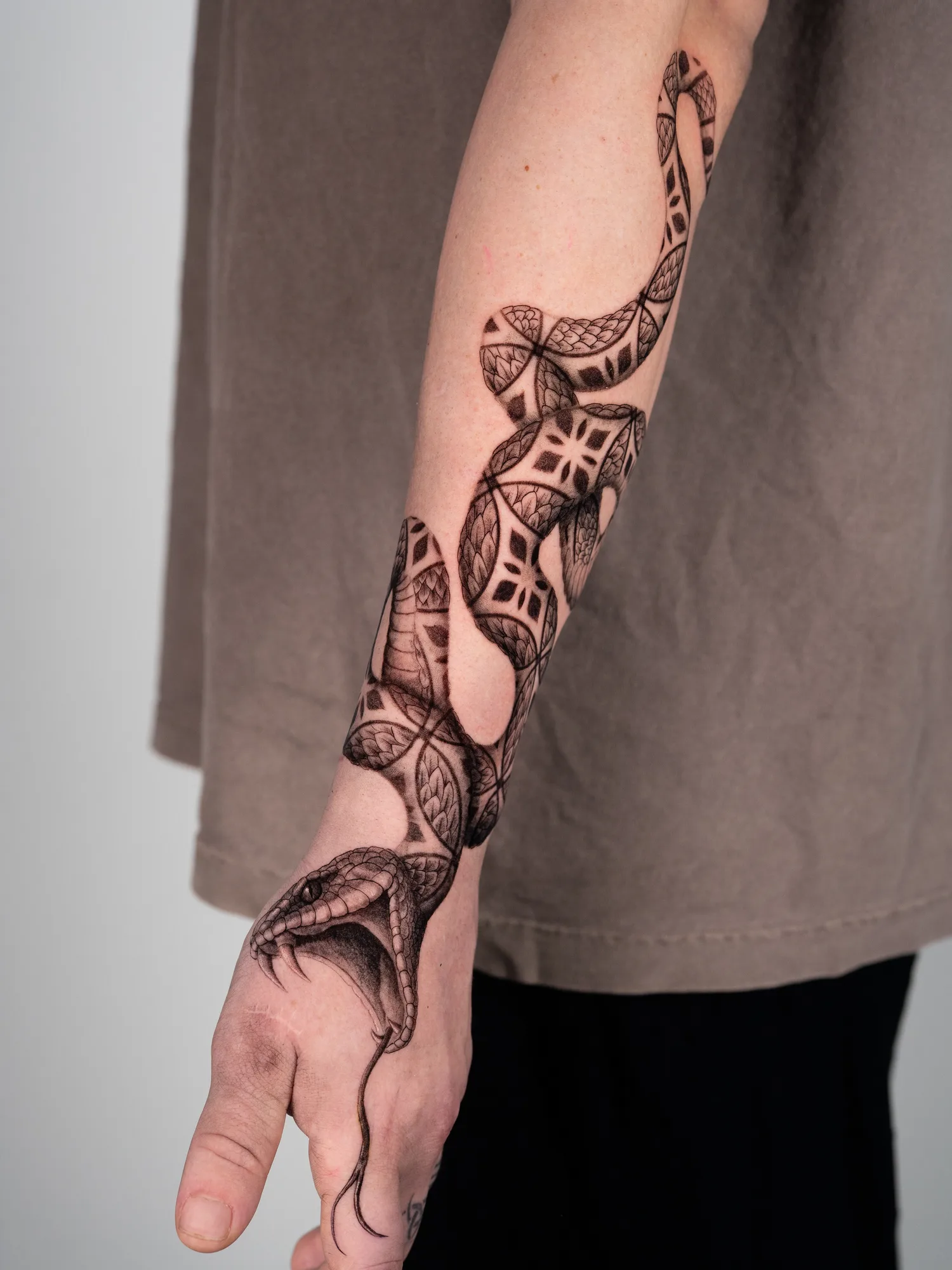 Black and grey tattoo of a viper with its head on the back of the hand and mouth open, its body patterned with geometric ornament, winding up the forearm to the elbow.