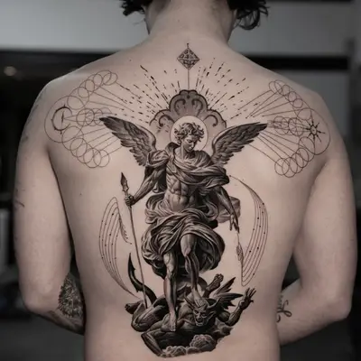 Black and grey full back piece of the archangel Michael with spear and wings, standing over a fallen figure, framed by fine-line rays and spirals.
