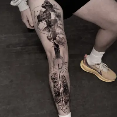 Black and grey leg tattoo running thigh to ankle with a veiled classical bust, a flower, a bearded god bust and sacred geometry.