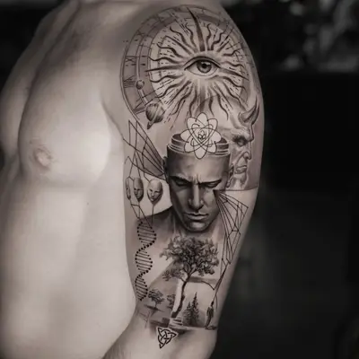 Black and grey half sleeve with a man's head opened at the crown, an all-seeing eye in a radiant wheel, a DNA helix, a tree and a horned figure.