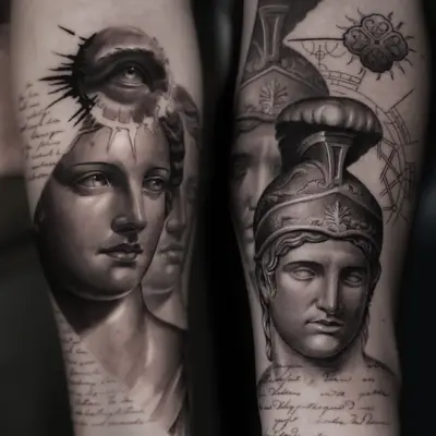Two black and grey forearm tattoos photographed together, one a female classical bust with an eye set into the forehead, the other a helmeted warrior bust with an ornamental rosette and architectural line work.