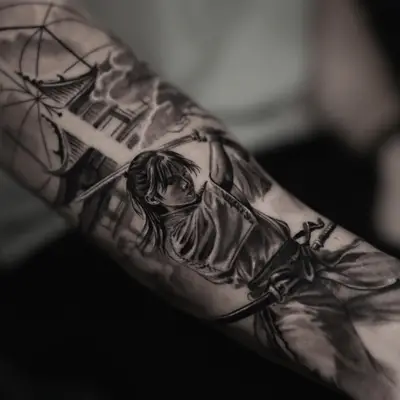Black and grey forearm tattoo of a samurai mid-swing with a katana, a pagoda and clouds behind.