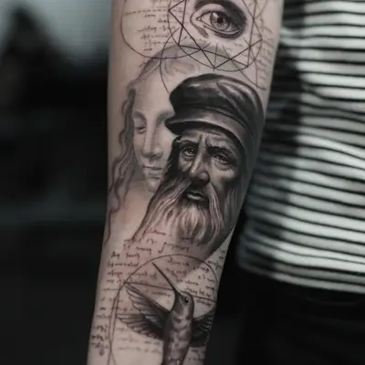 Black and grey forearm tattoo of Leonardo da Vinci with a woman's face behind him, an eye set in sacred geometry above and a hummingbird below.