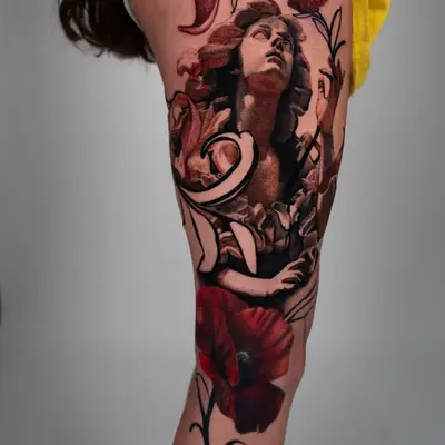 Classical statue figure looking upward, tattooed across a thigh in sepia and grey with dark red tulips, a large red poppy below the knee and graphic black line work running through the composition.