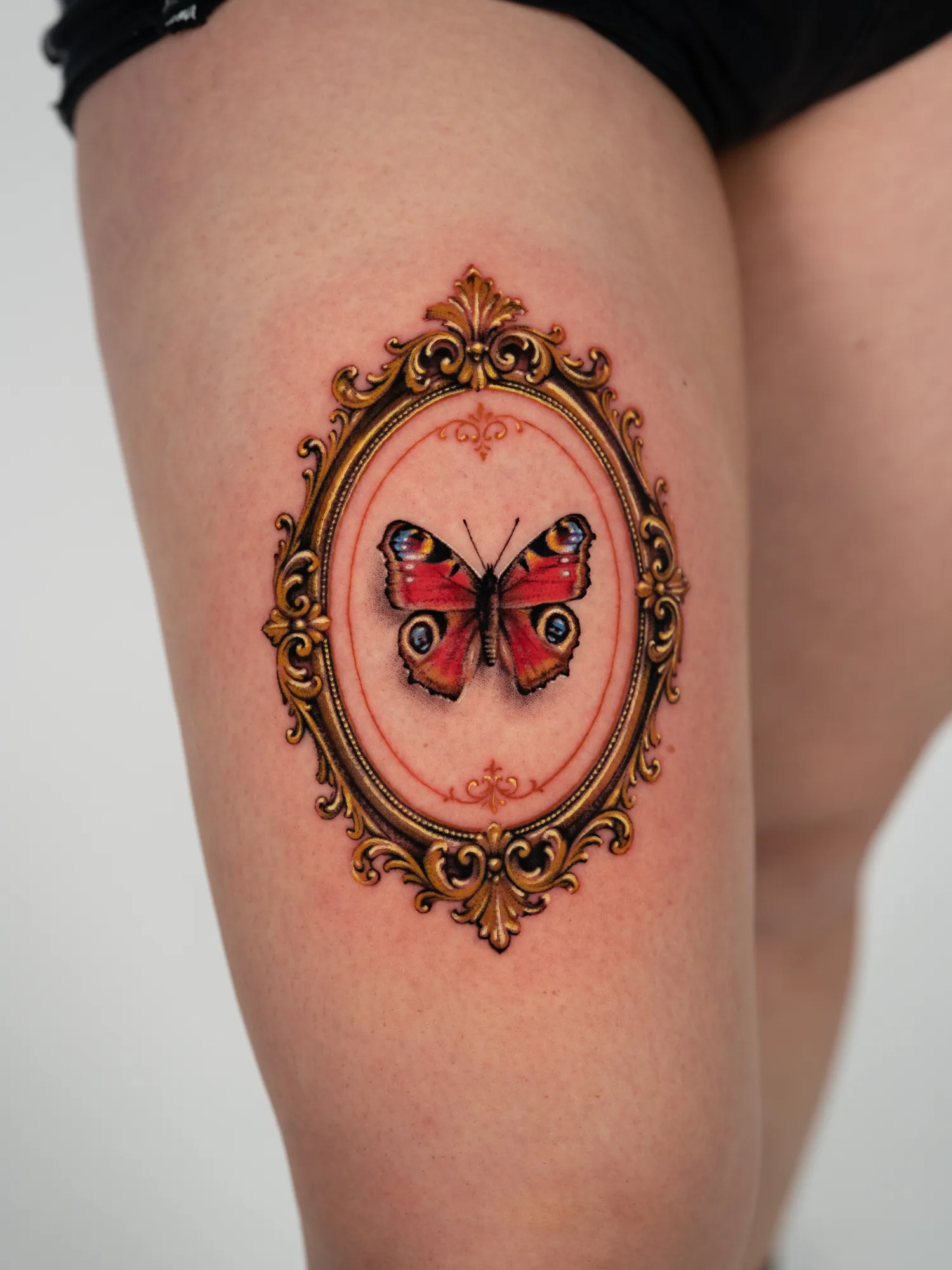 Peacock butterfly in deep red with blue eyespots, set inside an ornate gold oval frame, tattooed above the knee.