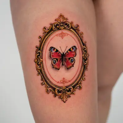 Peacock butterfly in deep red with blue eyespots, set inside an ornate gold oval frame, tattooed above the knee.