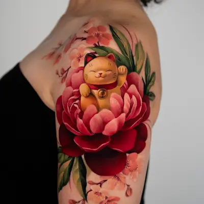 Color tattoo on the shoulder and upper arm: a golden Maneki-Neko lucky cat sitting inside a red and pink peony, with sakura branches running toward the collarbone and down the arm.