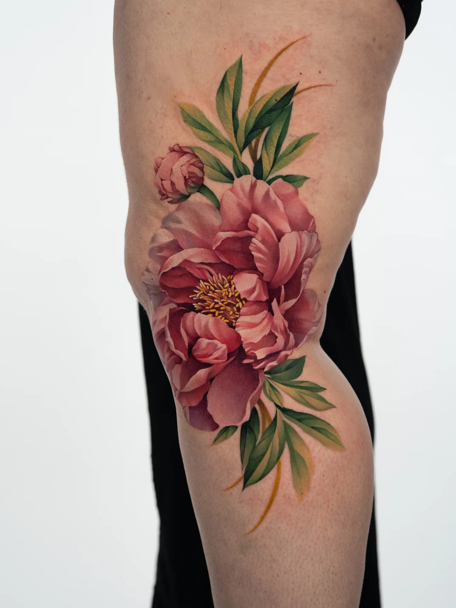 Color tattoo on the side of the left knee: a large open pink peony with a bud and green leaves, stems running above and below the knee.