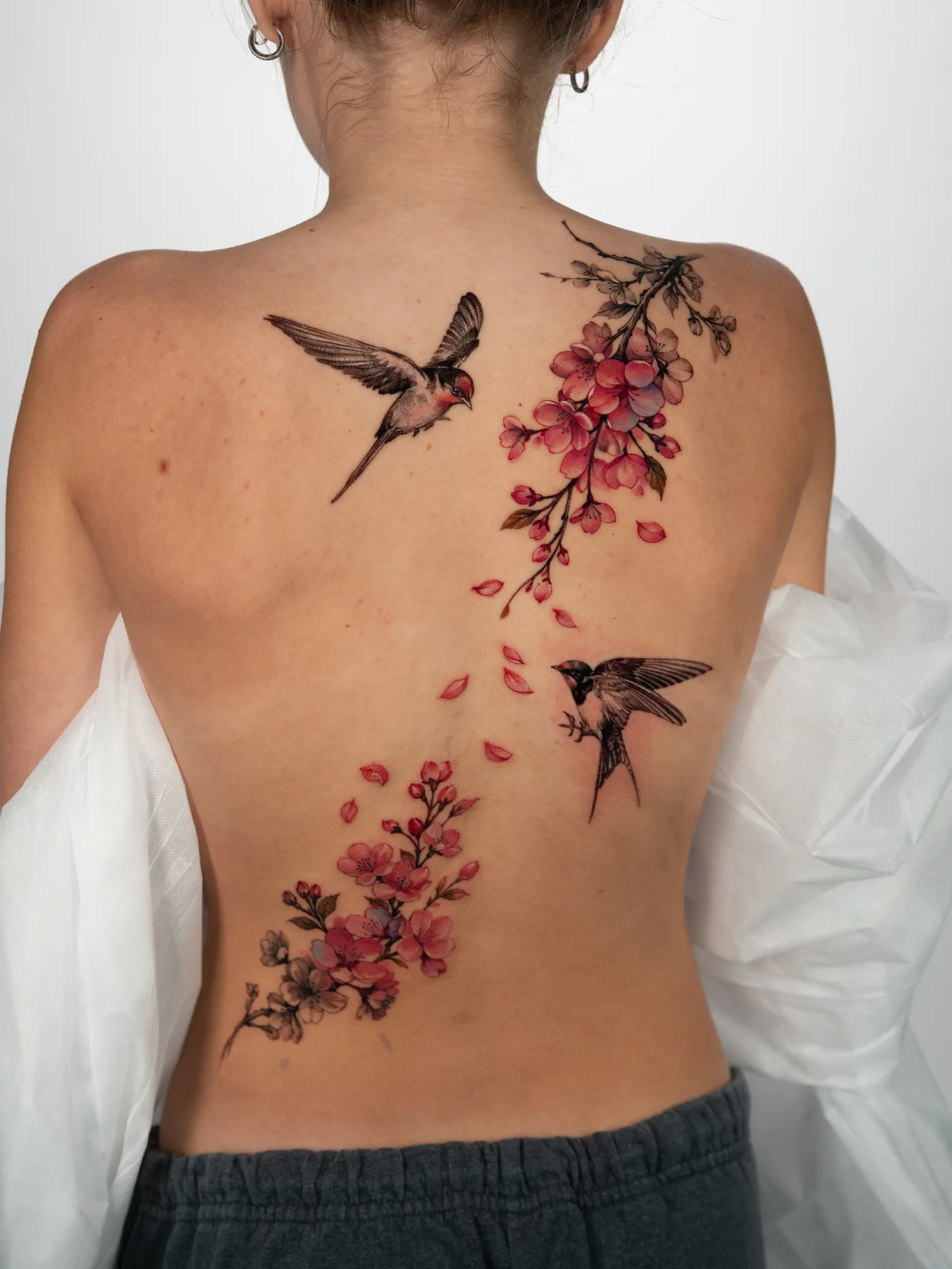 Black and grey tattoo of two swallows in flight with pink cherry blossom branches and falling petals, running diagonally across the back from the right shoulder to the lower left back.