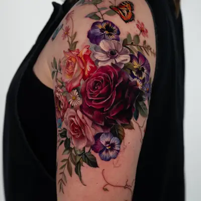Color realism floral tattoo wrapping the upper arm: deep red, pink and peach roses, purple pansies, a white anemone, daisies and greenery, with an orange butterfly at the shoulder and light line work for vines below.