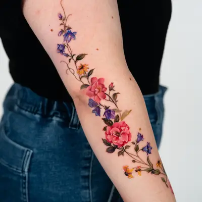 Color tattoo of a flowering vine running from the back of the upper arm across the elbow onto the forearm: pink prairie roses, blue bellflowers and yellow black-eyed Susans.