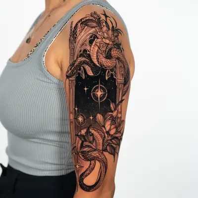 Black and grey tattoo on the upper outer arm of a snake winding through a gothic cathedral window that frames a starry night sky, with full-bloom flowers at the top and lower right.