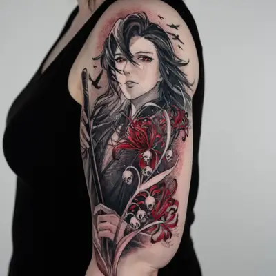 Black and grey anime tattoo with red accents on the outer upper arm of Wei Wuxian holding his flute, with red spider lilies, small skulls hanging from the stems, crows above and a red haze behind him.