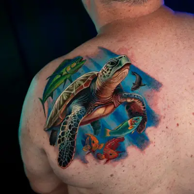 Color realism tattoo on the left shoulder blade of a sea turtle swimming upward through bright blue water with light rays, joined by a mahi-mahi, a small seal and three colorful reef fish.