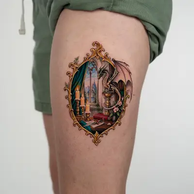 Color micro-realism tattoo on the outer upper thigh: an oval gilded filigree frame enclosing a study with a teal curtain, three lit candles, a gothic window with distant mountains, books, a knife on a desk and a small wyvern perched on a golden candlestick, its wing extending past the frame.