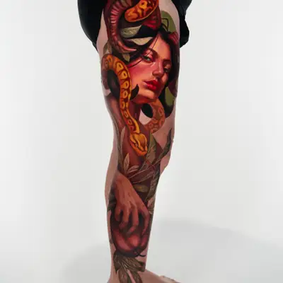 Full-color realism leg sleeve running from the upper thigh to the ankle: a woman's face with red lips surrounded by coiling golden and dark red snakes and green leaves, with a hand gripping a deep red apple on the shin.