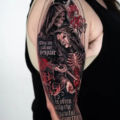 Black and grey tattoo with red accents on the upper arm: a hooded skeletal reaper behind a masked woman holding her own bleeding heart out from an open ribcage, under a gothic arch with red spider lilies, with text reading "What we call our despair is often only the painful eagerness of unfed hope."