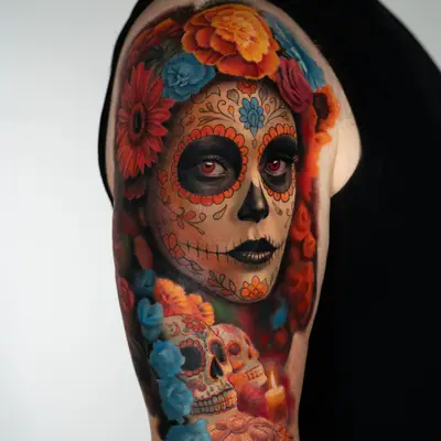 Color realism half sleeve on the outer upper arm: a woman in Day of the Dead sugar skull makeup with red eyes, crowned with orange marigolds, red gerberas, roses and blue flowers, with two sugar skulls, a lit candle and pan de muerto below.