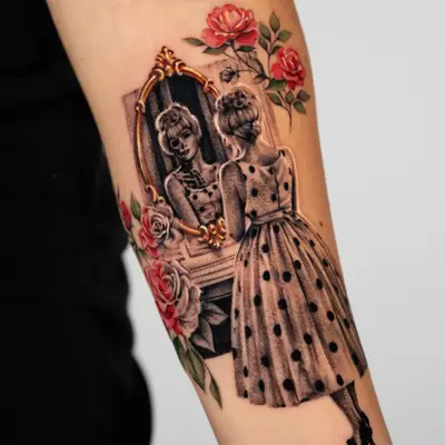 Black and grey micro-realism tattoo on the inner forearm with color accents: a woman in a polka dot dress and heels seen from behind, looking into an ornate gold mirror whose reflection shows her face half turned to skull, framed by red roses.