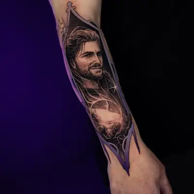 Black and grey portrait tattoo on the outer forearm of Gale from Baldur's Gate III holding a glowing orb, framed by a tall gothic border shaded in purple with small white sparkles.