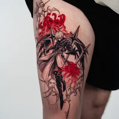 Fusion anime tattoo on the front of the thigh with red accents: a white-haired figure in a long coat with spiked dark wings, surrounded by red spider lilies and gothic filigree.