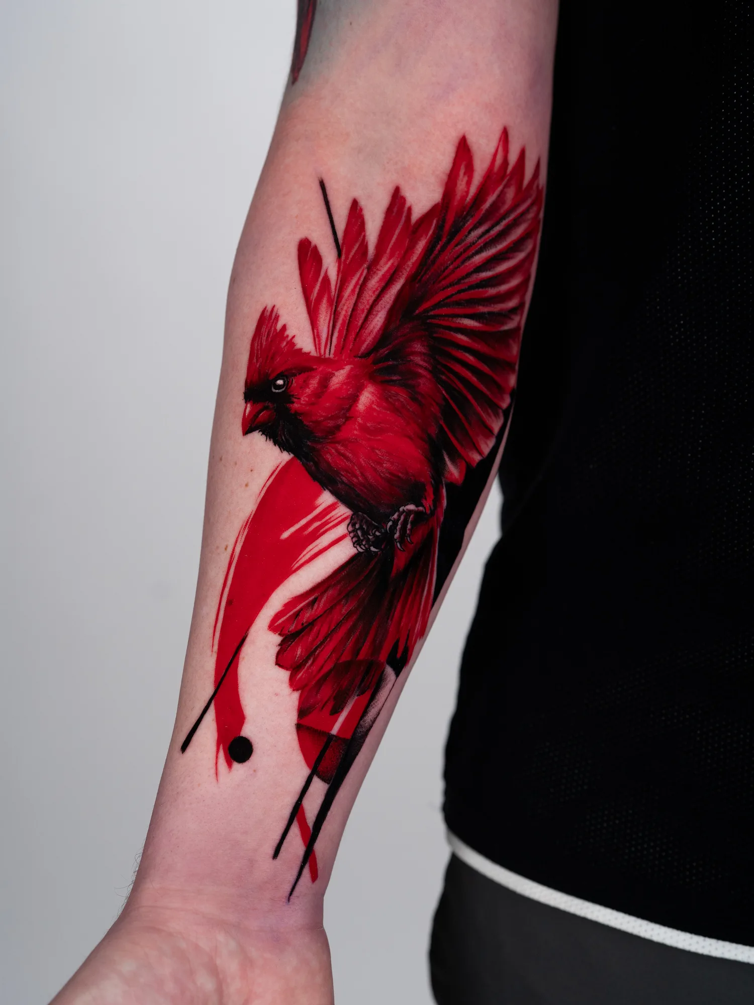 Red cardinal tattoo with black abstract elements on the forearm.