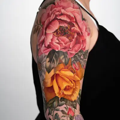 Colorful floral tattoo covering a woman's arm, featuring peonies and roses.