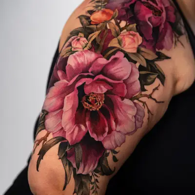 Vibrant floral tattoo on shoulder with pink peonies and leafy elements.