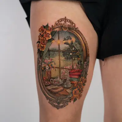 A beautifully detailed tattoo of a framed window scene with flowers and books.