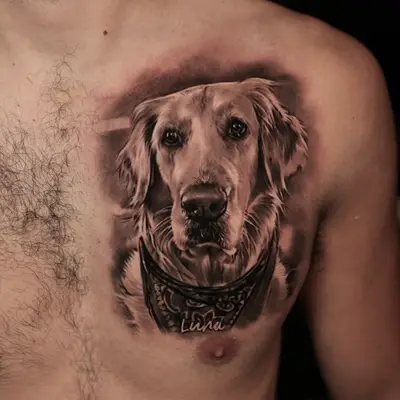 Realistic dog portrait tattoo on chest